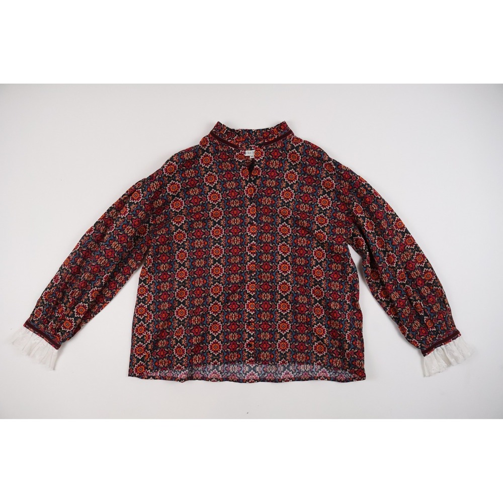 Ro's Garden Blouse Floral Medallion Print Red Blue XS Lace Trim Boho Top